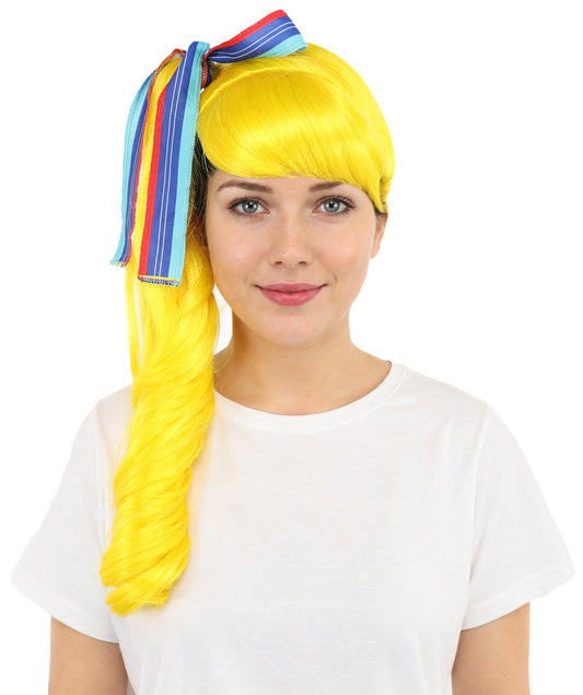 Party-Inspired Yellow Wig | Long Vibrant Synthetic Hair with Decorative Ribbon | Cosplay, Halloween, Parties & Stage-Ready Hairpiece