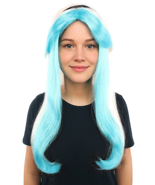 HPO Women's Long Two-Tone Blue and White Fairytale Wig | Twisted Waves with Ribbon Headband | Lightweight Synthetic Wig for Cosplay, Stage & Costume Parties