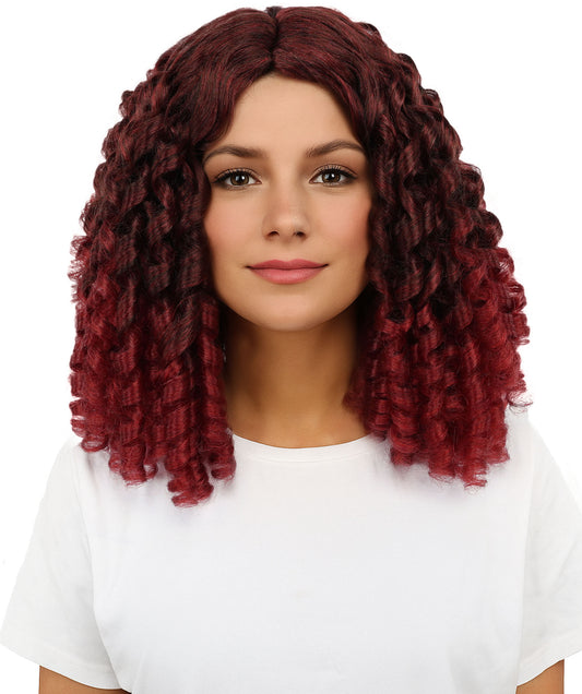 HPO Women's Burgundy Curly Wig | Medium Synthetic Hair with Intricate | Adjustable Breathable Cap for Cosplay, Halloween, Parties & Stage