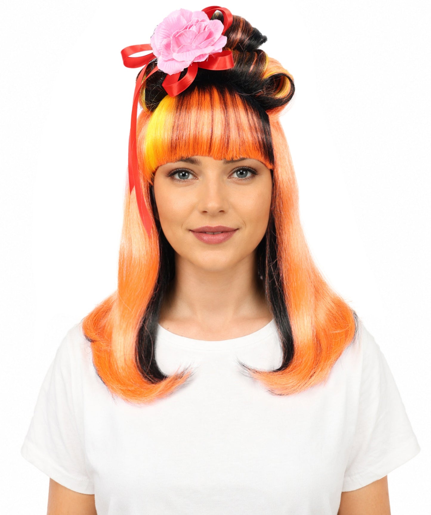 Wig for Women | Fiery Red with Yellow & Black Highlights | Long Straight Synthetic Hair | Adjustable Cap for Halloween, Cosplay & Stage