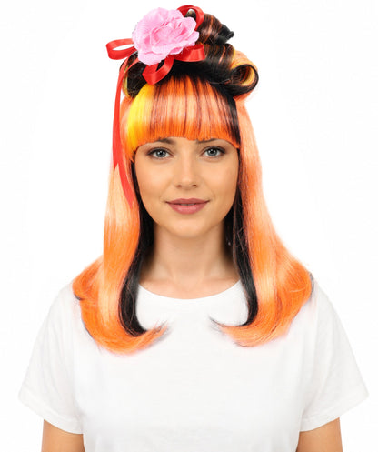 Wig for Women | Fiery Red with Yellow & Black Highlights | Long Straight Synthetic Hair | Adjustable Cap for Halloween, Cosplay & Stage