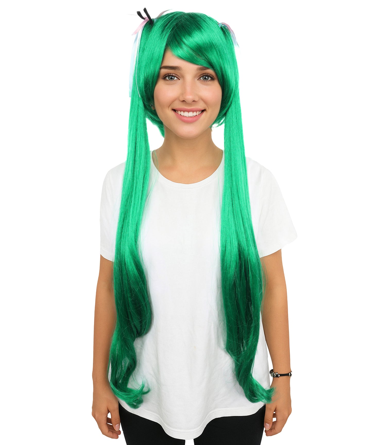 HPO Adult Women's Anime Wig with Long Ponytails | Vibrant Teal Synthetic Cosplay Hairpiece | Adjustable Breathable Cap for Halloween, Parties & Stage