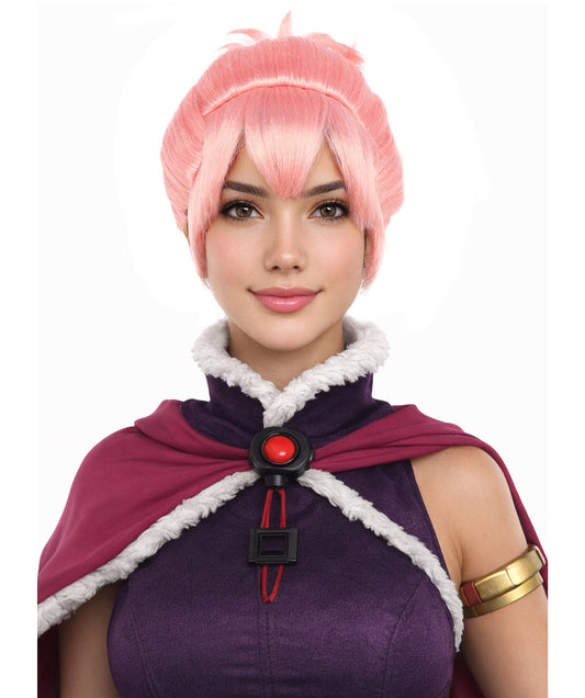HPO Women’s Coral Pink Messy Bun Wig | Spiky Layered Anime-Style Cosplay Hairpiece with Bangs | Adjustable Cap for Halloween, Parties, Stage & Roleplay