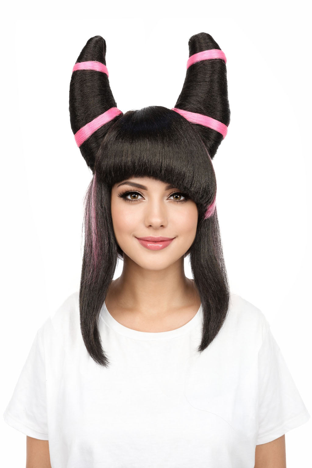 HPO Women’s Twin Bun Cosplay Wig | Black With Pink Spiky Hairpiece with Styled Double Buns | Synthetic Fibers with Adjustable Cap for Parties & Stage