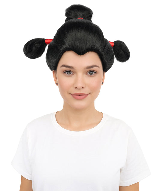 HPO Women’s Black Cosplay Wig with Red Accents & Multiple Small Buns | Medium Styled Wig for Halloween, Cosplay, Parties, Stage & Roleplay