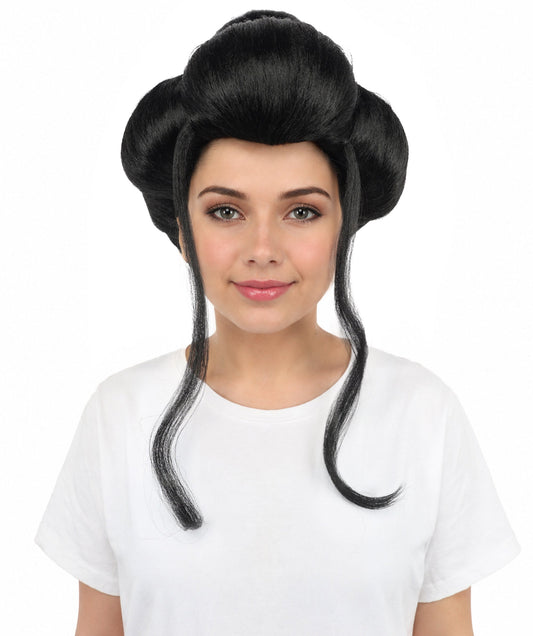 Traditional-Inspired Long Black Wig | Rounded Buns with Decorative Hairpieces for Cosplay, Halloween, Parties & Stage Performances