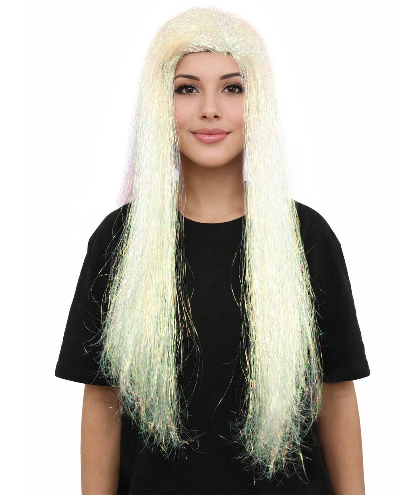 HPO Women's White Sparkling Cosplay Wig | Long Layered Synthetic Wig for Halloween Parties, Festivals, s, and Roleplay