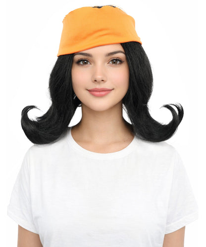 HPO Women’s Black Wig with Orange Bandana | Synthetic Wigs for Halloween, Cosplay, Festivals, Parties & Stage