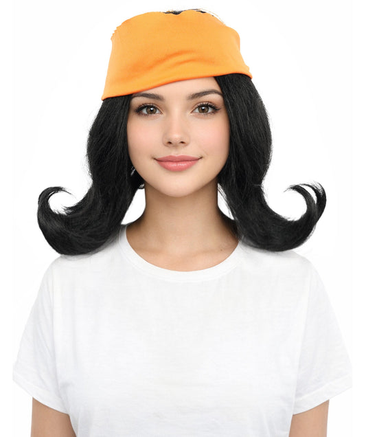 HPO Women’s Black Wig with Orange Bandana | Synthetic Wigs for Halloween, Cosplay, Festivals, Parties & Stage