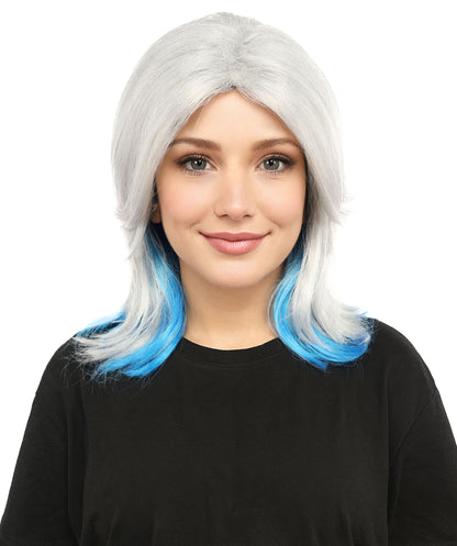 HPO Women's Medium Layered Bob Wig | Ash Gray to Blue Ombre Synthetic Hairstyle for Cosplay, Festivals, Stage Shows,  Parties & Photoshoots