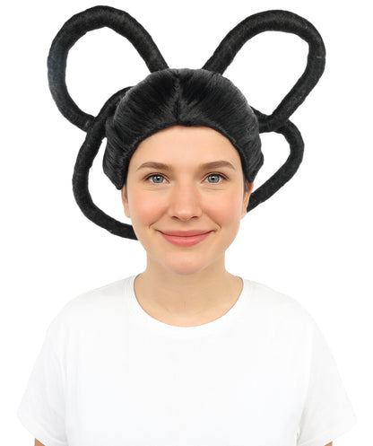 HPO Women's Black Double Loop Buns Wig | Synthetic Updo Hairstyle with Adjustable Cap for Cosplay, Festivals, Stage Performances,  Parties & Photoshoots