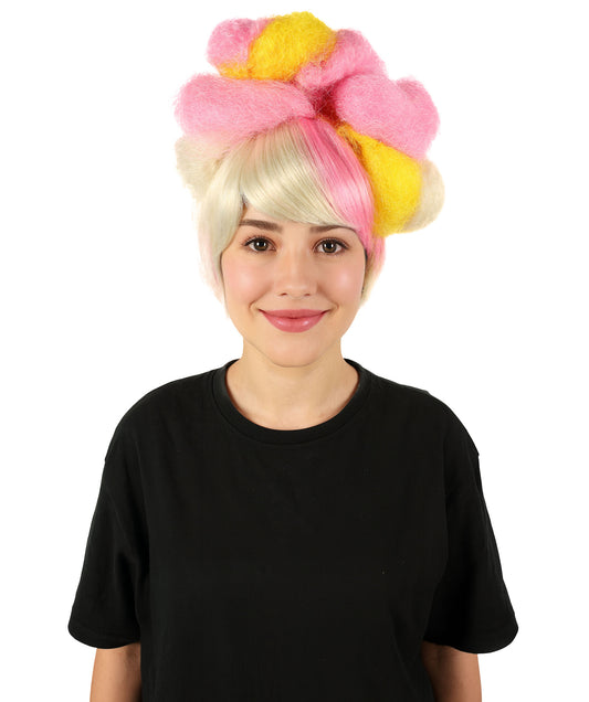 HPO Women’s Pop Star Inspired Wig | Medium Curly Multicolor Hair with Pink & Yellow Highlights |  Wig for Cosplay, Halloween, Stage & Parties