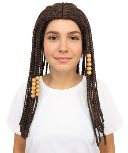HPO Women's Fantasy Tribal Warrior Wig with Braids & Beads | Long Brown Synthetic Hairpiece with Adjustable Cap for Cosplay, Halloween & Roleplay