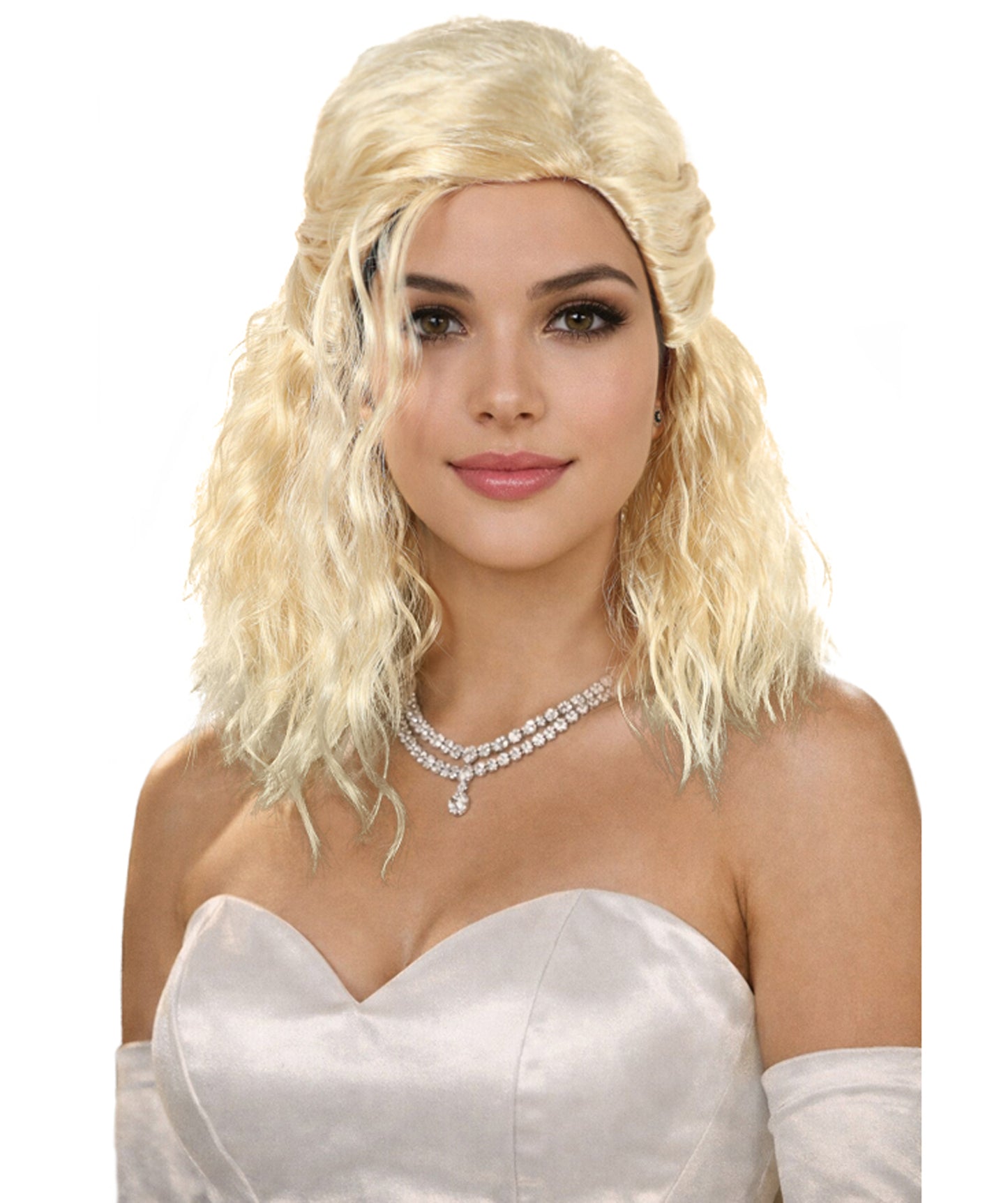 HPO Women’s Blonde Medium-Length Wavy Wig | Flame-Resistant Medium Wig | Lightweight & Natural Look suitable for Party and Halloween