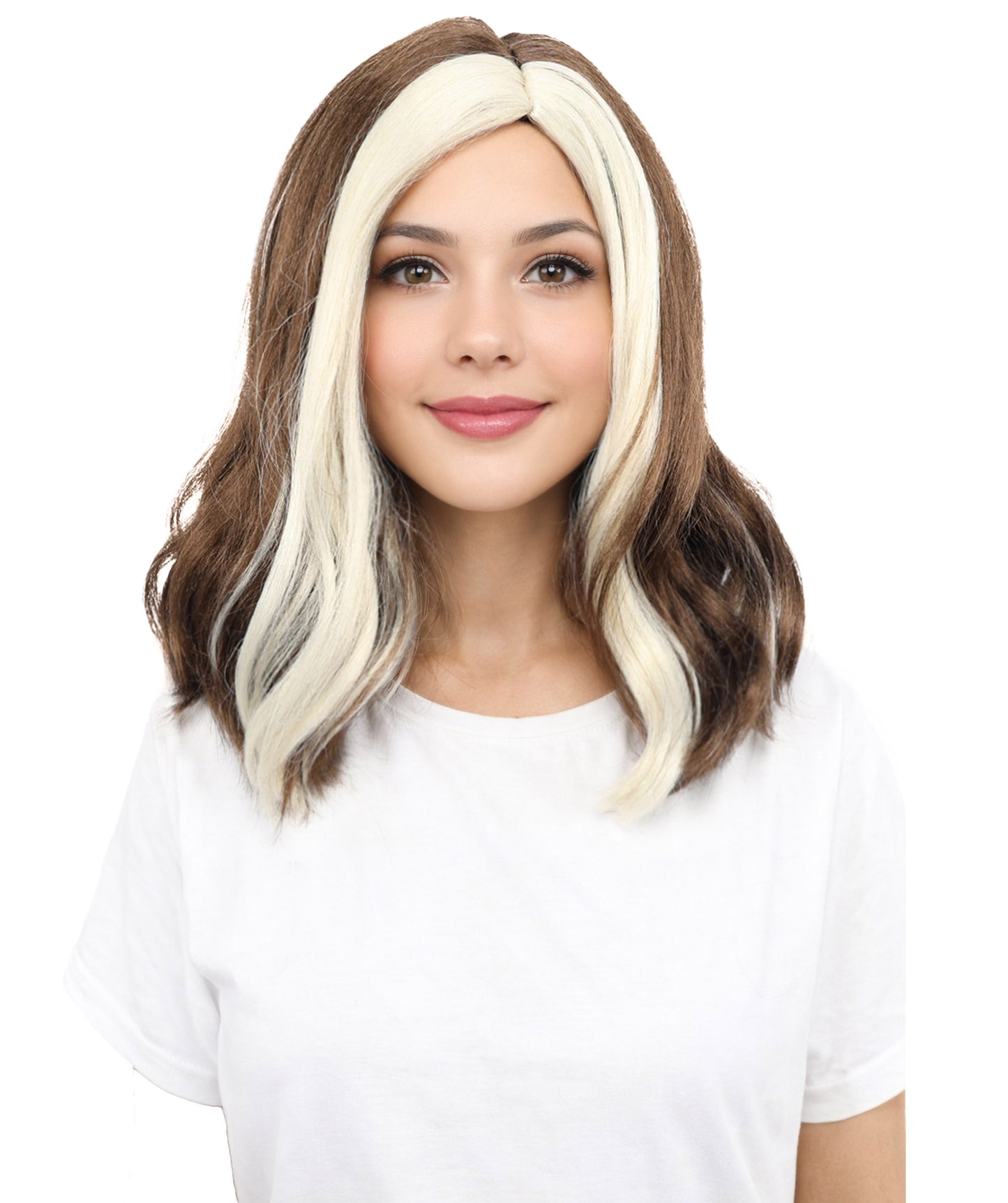 HPO Women’s Brown and White Bang Wig Front Streak | Mid-Length Executive Style | Ideal for Costume Parties, Cosplay, & Halloween Performances