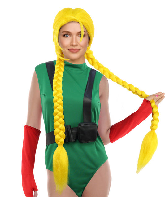 HPO Women’s Long Braid Synthetic Yellow Wig with Bangs | Sleek Cosplay Hairpiece with Comfortable Breathable Cap | Perfect for Halloween, Parties & Roleplay