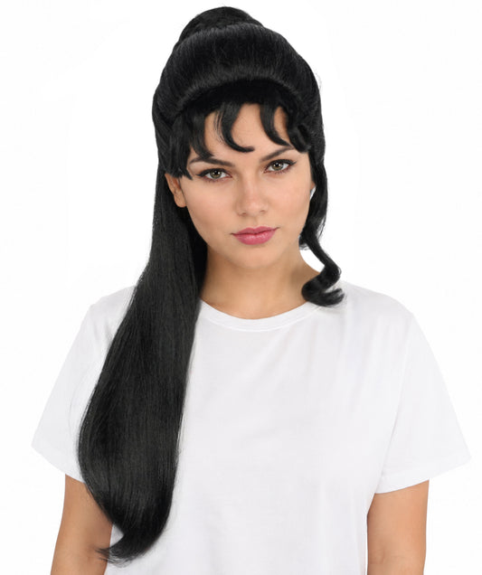 HPO Women’s 24” Long Black Wig | Elegant Half-Up Curly Bangs Wig for Historical, Mythical, or Theatrical Roles | Capless Cap Design