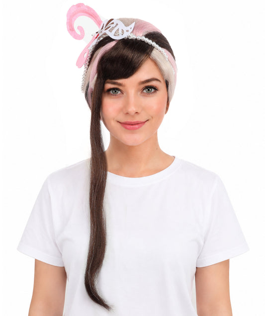 HPO Princess Style Fantasy Ponytail Wig with Feather Crown – Long 23 Inch Dual-Tone Brown & Pink Waves | Ideal for Cosplay, Parties & Halloween