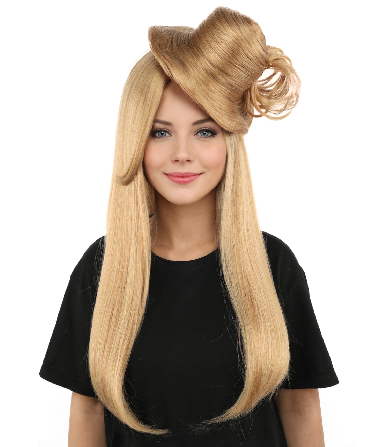 HPO Women's Sculpted Pillbox Hat Wig | Dark honey blonde hue, create of synthetic fiber, integrated 23-inch smooth straight volume with coiled fascinator texture, breathable base | Party, Halloween, theater, drag, performance, costume events
