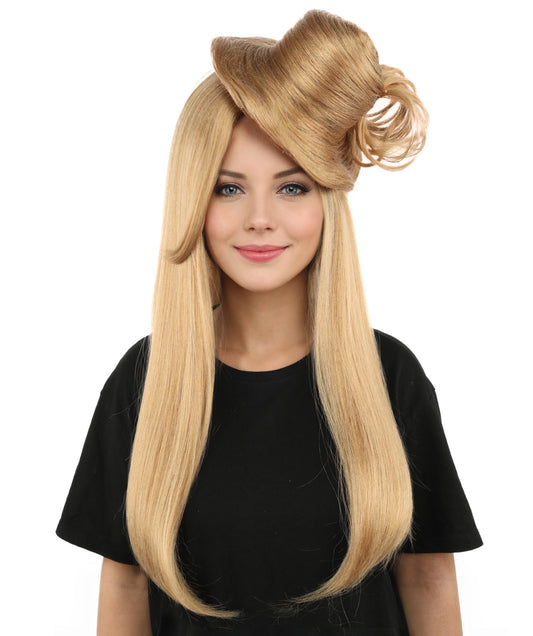 HPO Women's Sculpted Pillbox Hat Wig | Dark honey blonde hue, create of synthetic fiber, integrated 23-inch smooth straight volume with coiled fascinator texture, breathable base | Party, Halloween, theater, drag, performance, costume events