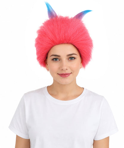 HPO Women Pink Movie Character Wig with Blue Horns | Bright Fantasy Synthtic Hairpiece | Ideal for Halloween, Cosplay, Stag Party