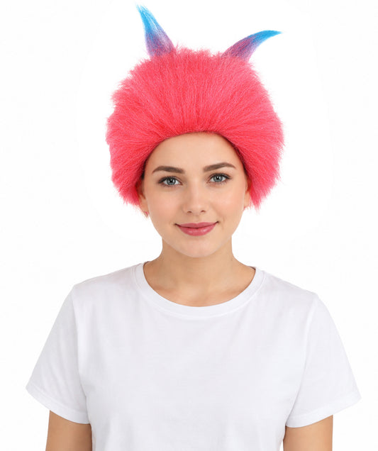 HPO Women Pink Movie Character Wig with Blue Horns | Bright Fantasy Synthtic Hairpiece | Ideal for Halloween, Cosplay, Stag Party