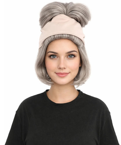 HPO Women’s 14” Grey Beehive Wig with Beige Headwrap | Capless Synthetic Hairpiece | Inspired Look for Halloween Cosplay and Party Events