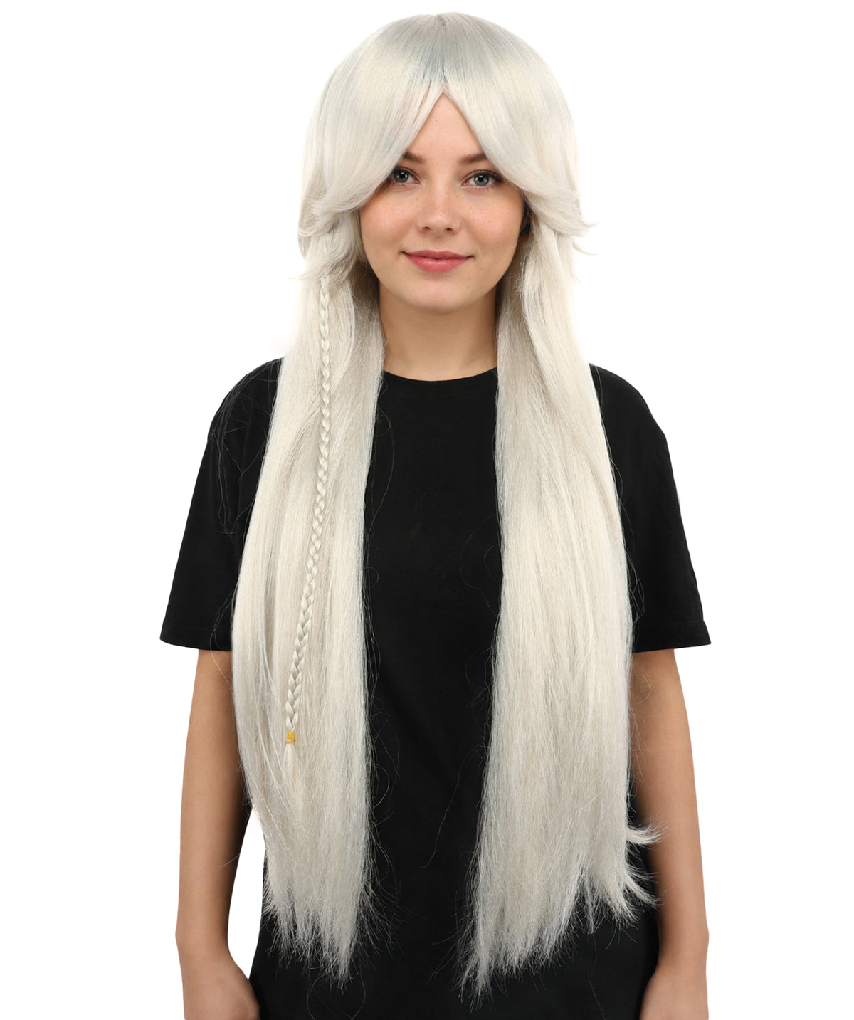 HPO Women’s 32” Silver Grey Bangs Wig | Extra Long Straight Synthetic Wig | Breathable Cap for Halloween, Roleplay, Theater, Party & Character Costumes