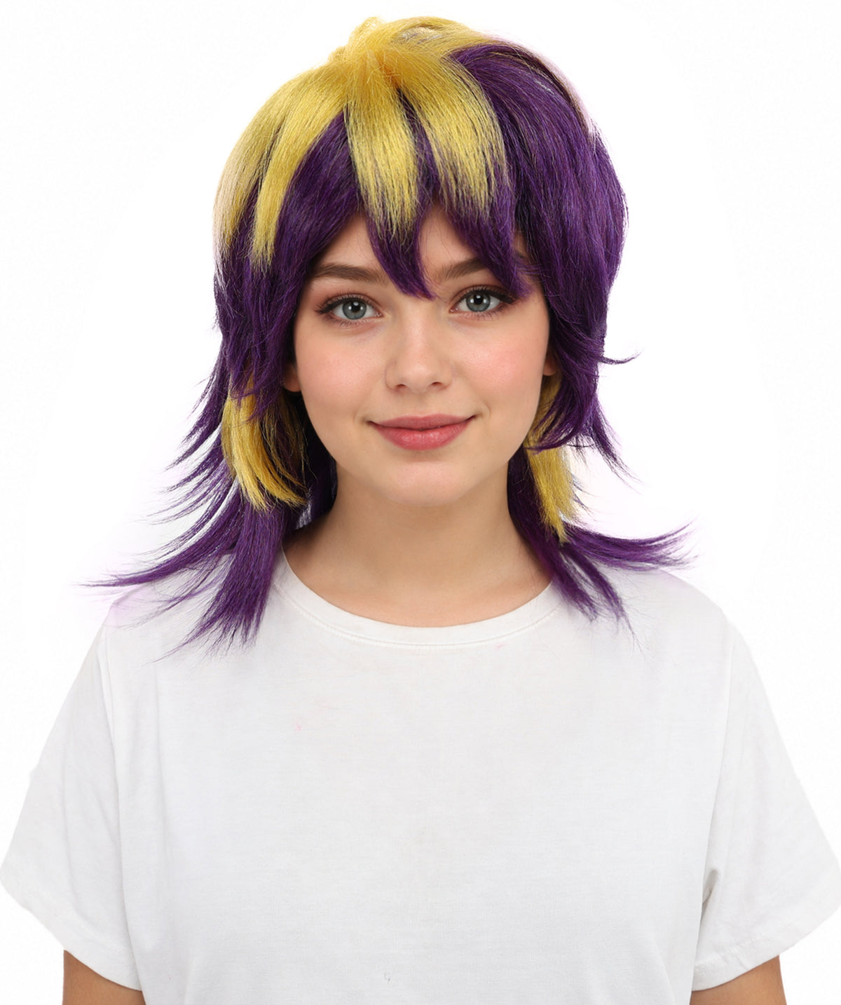 HPO Women’s Layered Purple & Yellow Spiky Anime Wig – 17 Inch Two-Tone Synthetic Hair with Capless Cap Design | Ideal for Roleplay, Cosplay Events & Themed Parties
