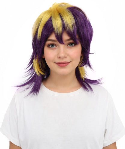 HPO Women’s Layered Purple & Yellow Spiky Anime Wig – 17 Inch Two-Tone Synthetic Hair with Capless Cap Design | Ideal for Roleplay, Cosplay Events & Themed Parties
