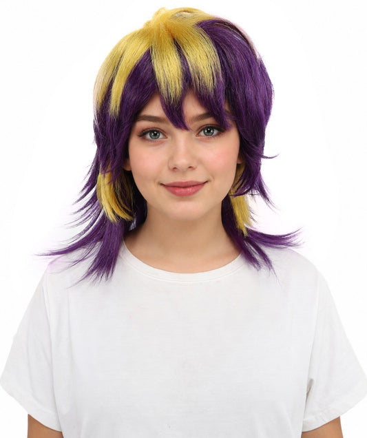 HPO Women’s Layered Purple & Yellow Spiky Anime Wig – 17 Inch Two-Tone Synthetic Hair with Capless Cap Design | Ideal for Roleplay, Cosplay Events & Themed Parties