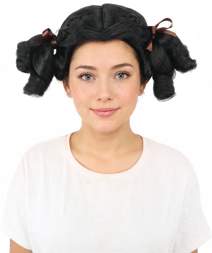HPO Women's Golden White Mixed Curly Pigtail Wig | Messy Ringlet Twin Tails with Attached Fabric Ribbons, Synthetic Fiber & Breathable Cap | Halloween, Movie Character Roleplay, Costume Party & Theater