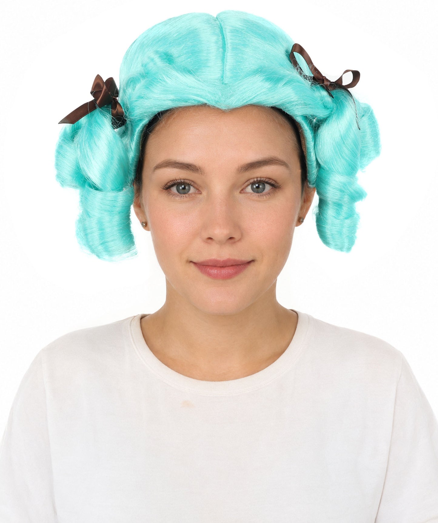 HPO Women's Golden White Mixed Curly Pigtail Wig | Messy Ringlet Twin Tails with Attached Fabric Ribbons, Synthetic Fiber & Breathable Cap | Halloween, Movie Character Roleplay, Costume Party & Theater
