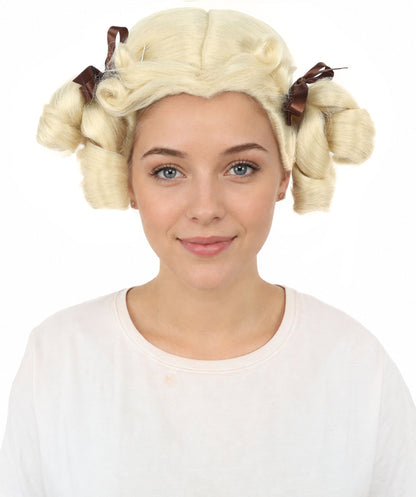 HPO Women's Golden White Mixed Curly Pigtail Wig | Messy Ringlet Twin Tails with Attached Fabric Ribbons, Synthetic Fiber & Breathable Cap | Halloween, Movie Character Roleplay, Costume Party & Theater