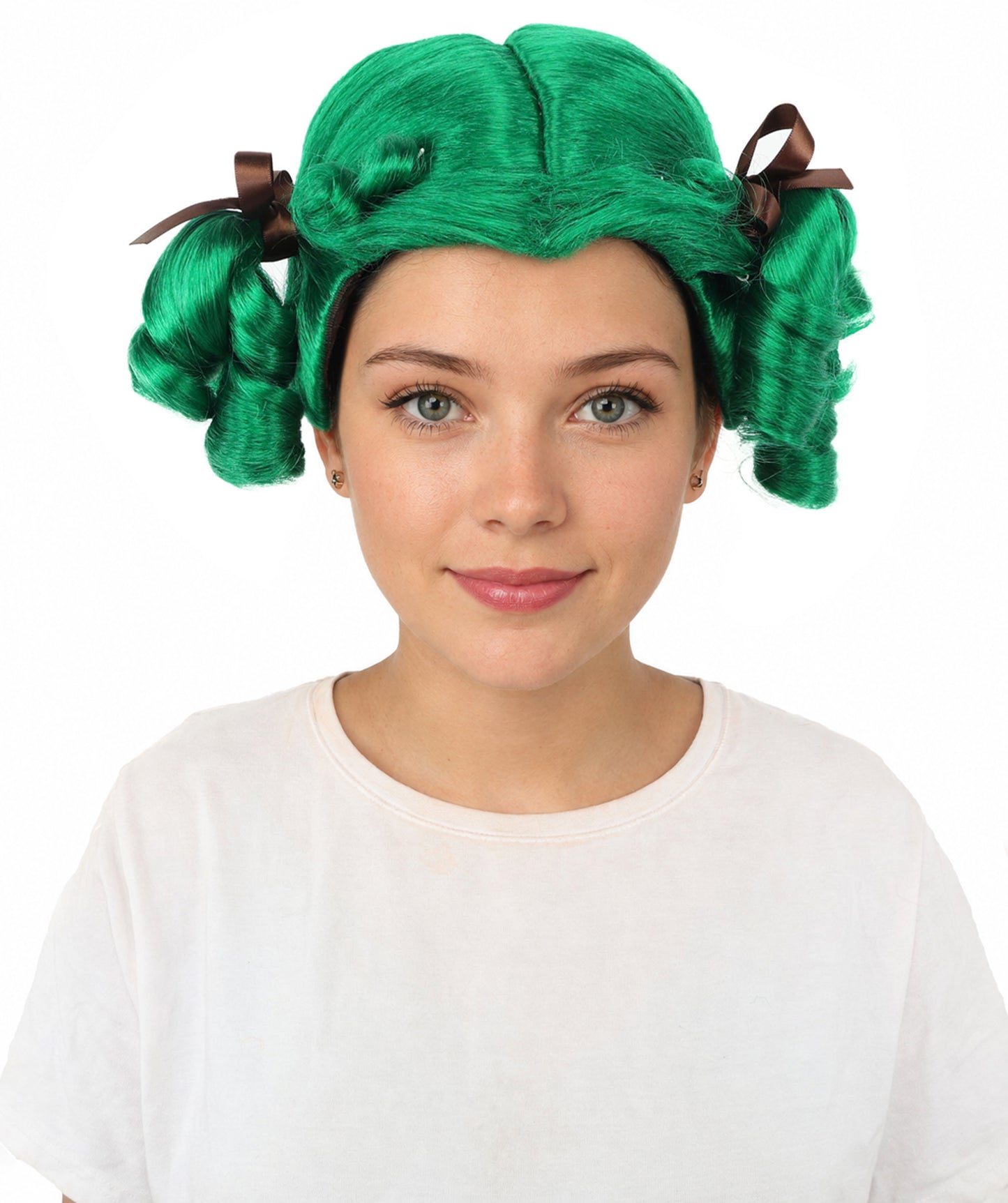 HPO Women's Golden White Mixed Curly Pigtail Wig | Messy Ringlet Twin Tails with Attached Fabric Ribbons, Synthetic Fiber & Breathable Cap | Halloween, Movie Character Roleplay, Costume Party & Theater