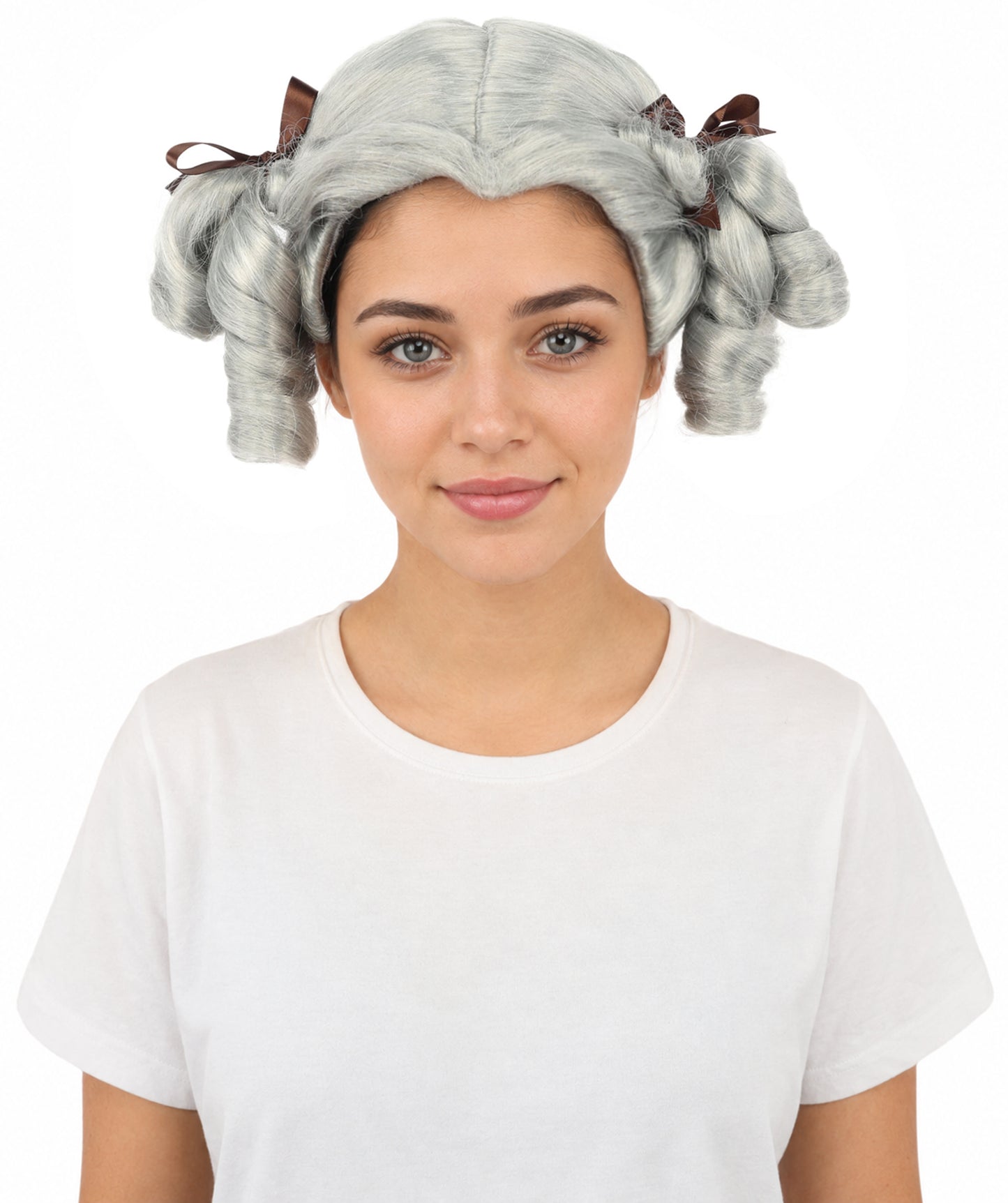 HPO Women's Golden White Mixed Curly Pigtail Wig | Messy Ringlet Twin Tails with Attached Fabric Ribbons, Synthetic Fiber & Breathable Cap | Halloween, Movie Character Roleplay, Costume Party & Theater