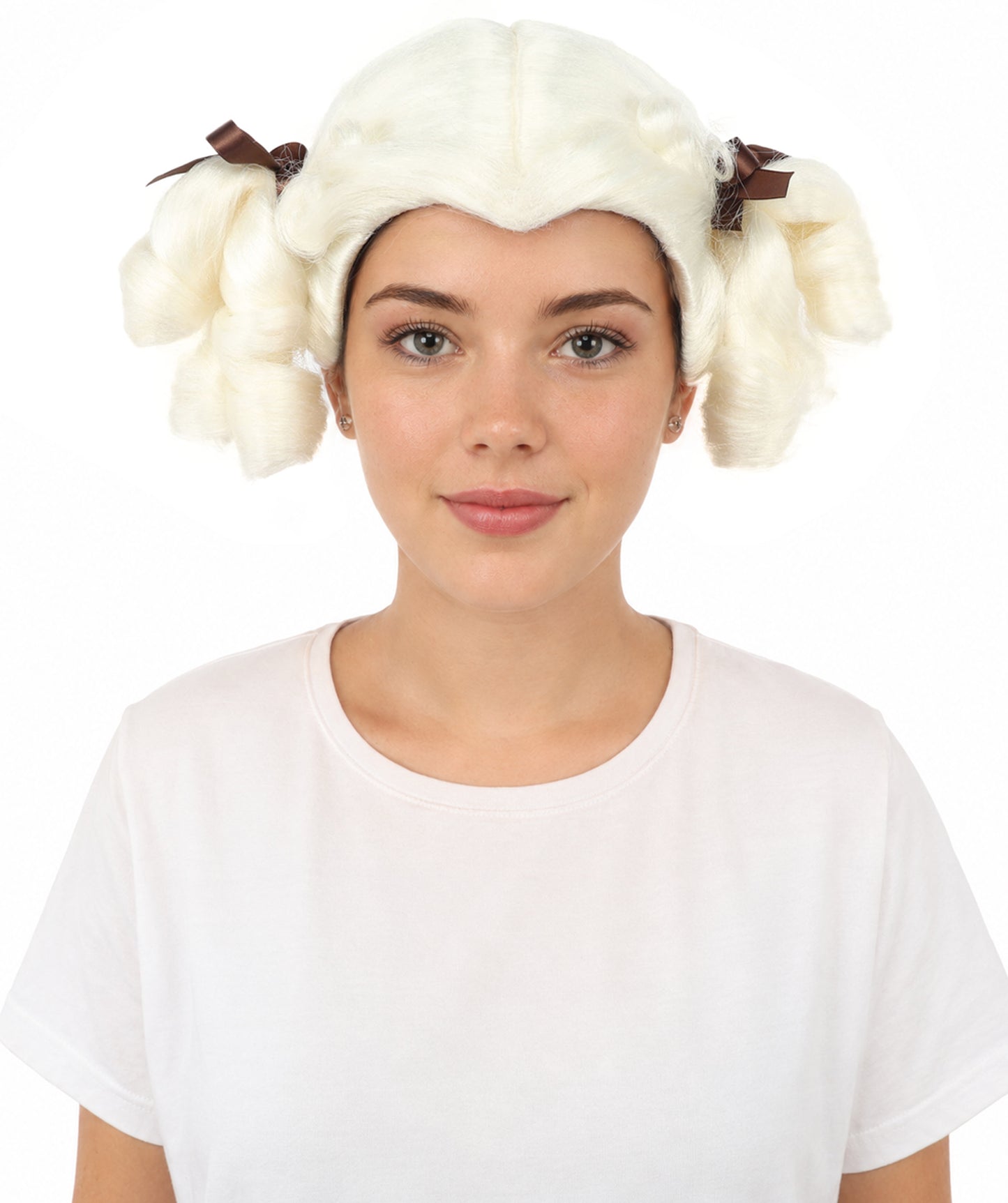 HPO Women's Golden White Mixed Curly Pigtail Wig | Messy Ringlet Twin Tails with Attached Fabric Ribbons, Synthetic Fiber & Breathable Cap | Halloween, Movie Character Roleplay, Costume Party & Theater