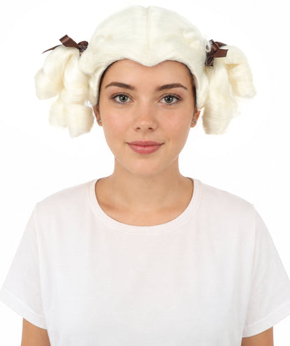 HPO Women's Golden White Mixed Curly Pigtail Wig | Messy Ringlet Twin Tails with Attached Fabric Ribbons, Synthetic Fiber & Breathable Cap | Halloween, Movie Character Roleplay, Costume Party & Theater