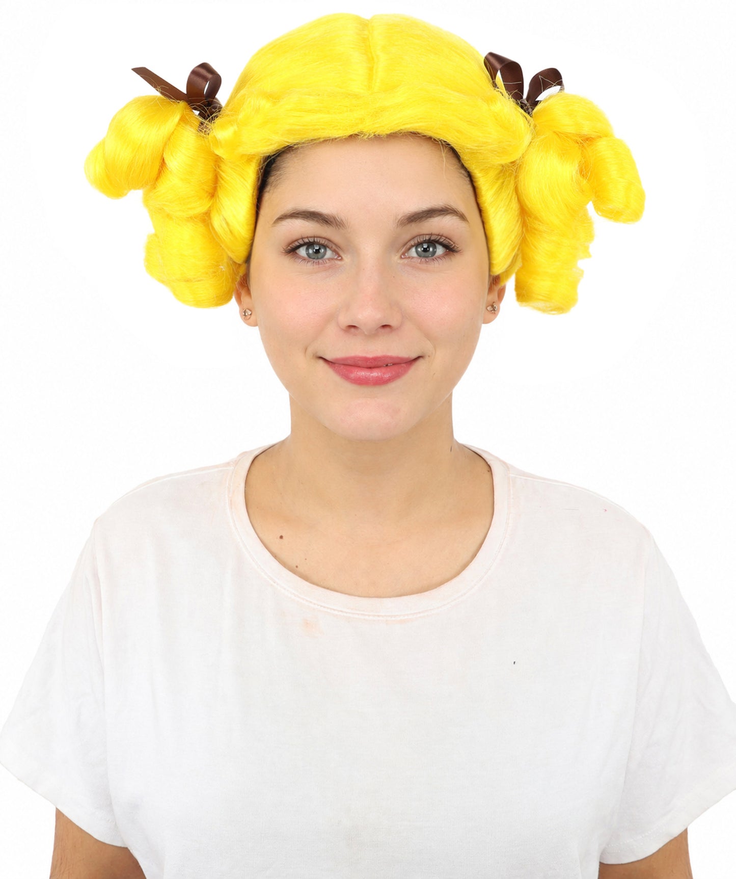 HPO Women's Golden White Mixed Curly Pigtail Wig | Messy Ringlet Twin Tails with Attached Fabric Ribbons, Synthetic Fiber & Breathable Cap | Halloween, Movie Character Roleplay, Costume Party & Theater