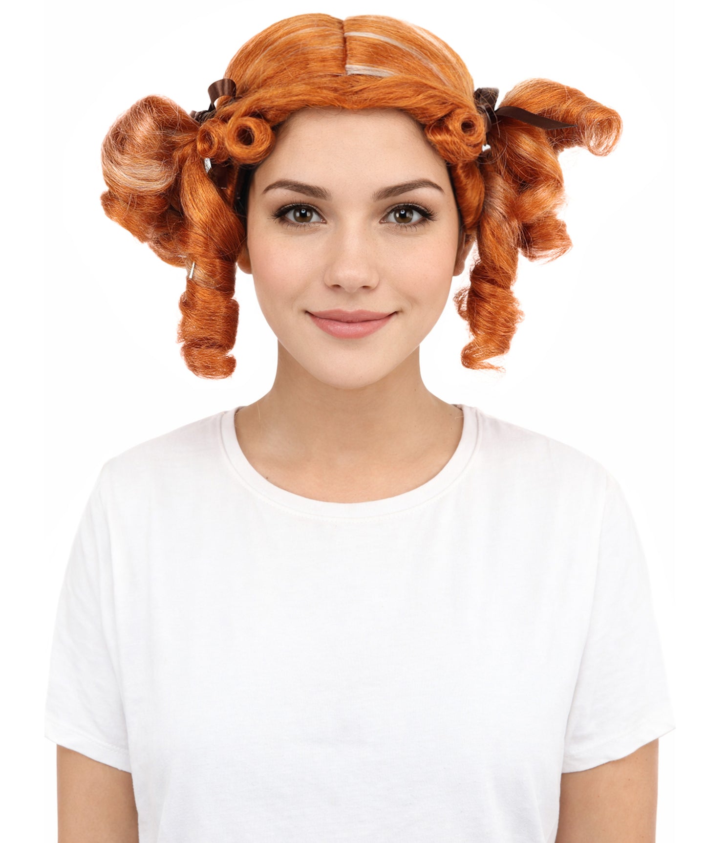 HPO Women's Golden White Mixed Curly Pigtail Wig | Messy Ringlet Twin Tails with Attached Fabric Ribbons, Synthetic Fiber & Breathable Cap | Halloween, Movie Character Roleplay, Costume Party & Theater