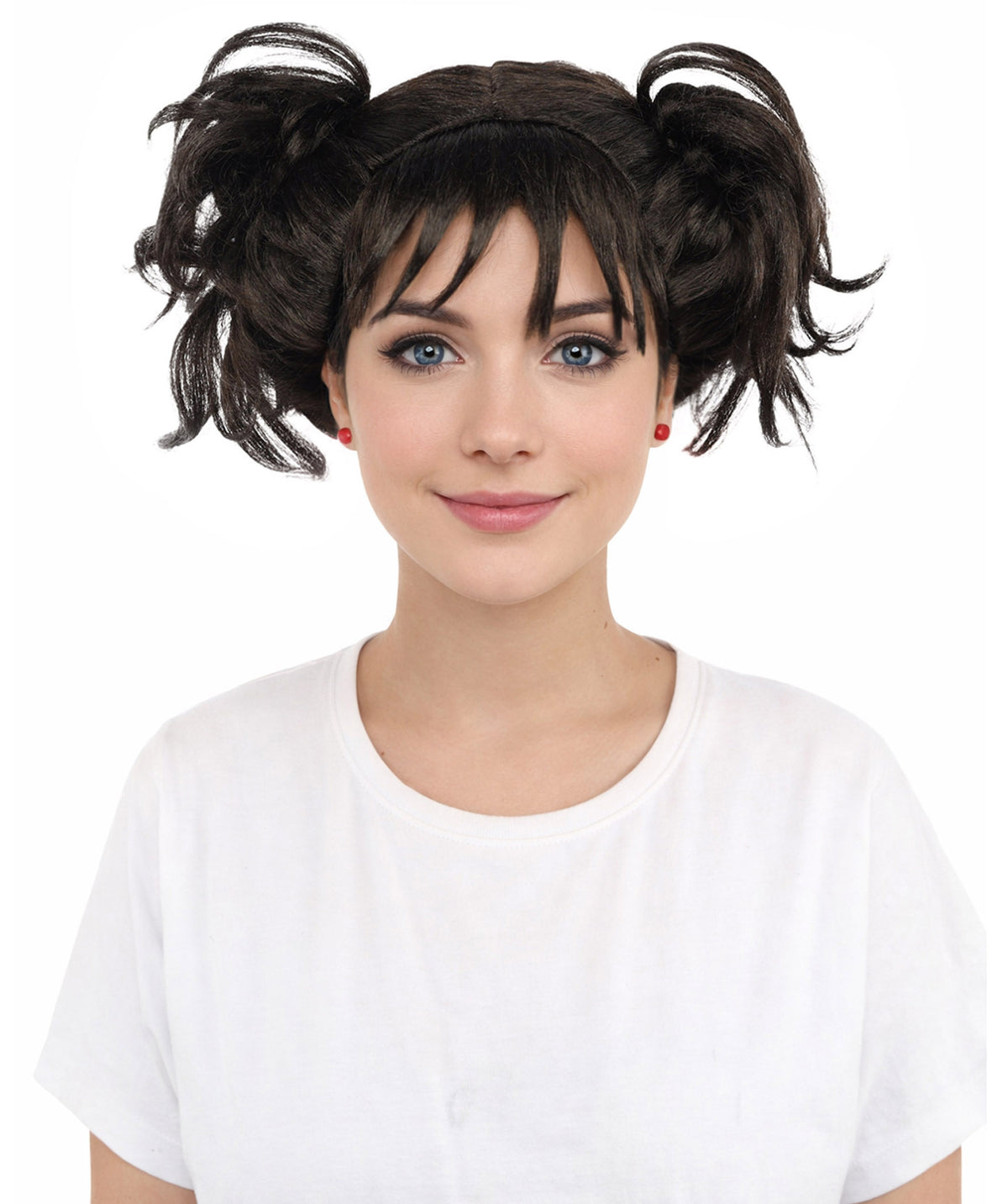 HPO Women’s Messy Twin Bun Wig with Graphic Bangs | Edgy Chocolate Brown Wig for Cosplay, Fashion Events, Halloween & Stage Wear | Adjustable Cap, Lightweight Synthetic Fiber