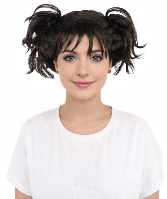HPO Women’s Messy Twin Bun Wig with Graphic Bangs | Edgy Chocolate Brown Wig for Cosplay, Fashion Events, Halloween & Stage Wear | Adjustable Cap, Lightweight Synthetic Fiber