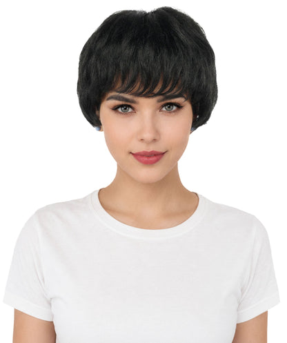 HPO Adult Women's Short Silver White Pixie Wig  | Edgy Layered Cut with Bangs | Synthetic Hair Wig for Stage Fashion, Cosplay, Halloween & Bold Party Looks