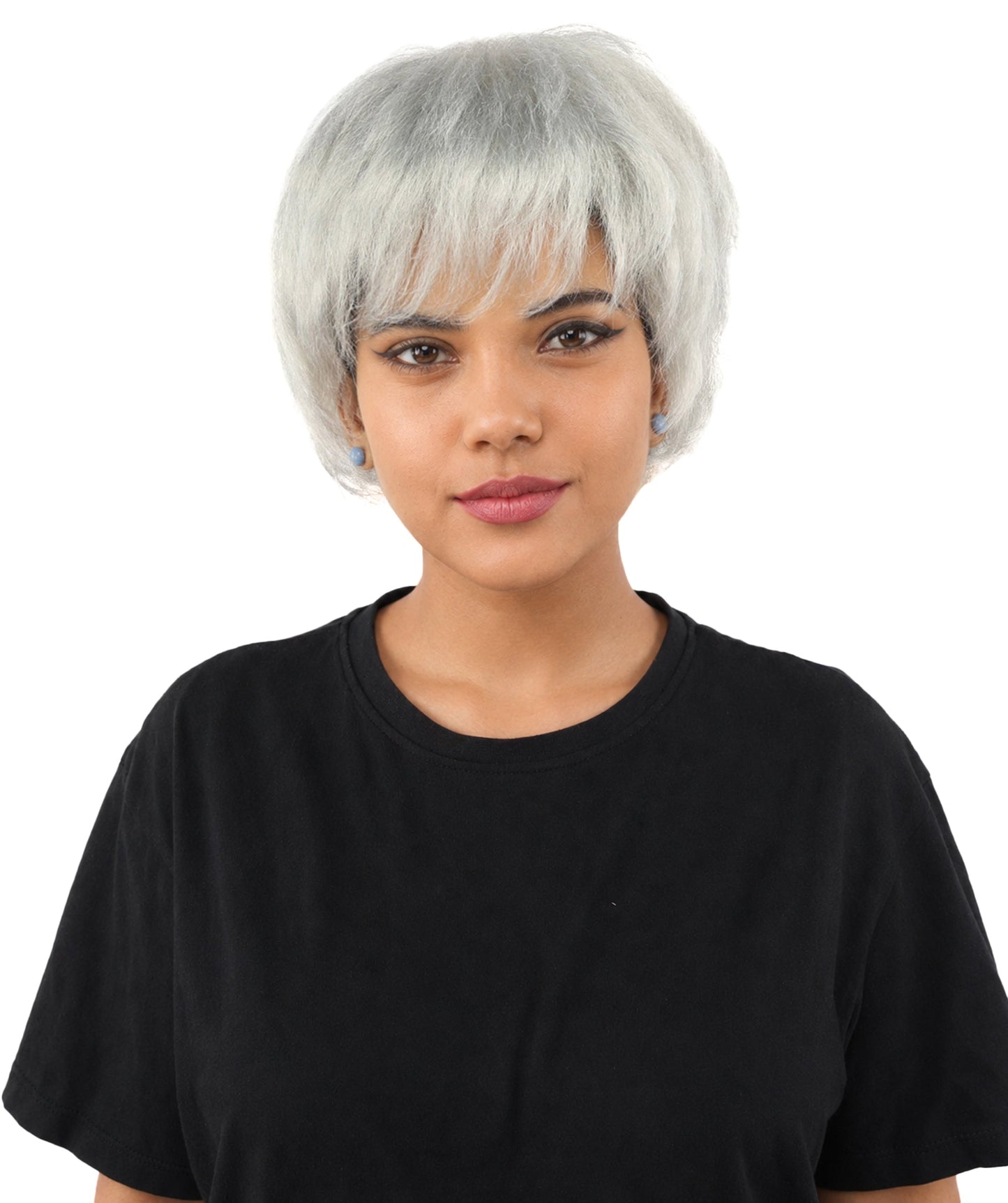 HPO Adult Women's Short Silver White Pixie Wig  | Edgy Layered Cut with Bangs | Synthetic Hair Wig for Stage Fashion, Cosplay, Halloween & Bold Party Looks