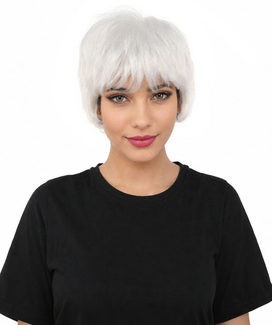 HPO Women's Short Silver White Pixie Wig  | Edgy Layered Cut with Bangs | Synthetic Hair Wig for Stage Fashion, Cosplay, Halloween & Bold Party Looks