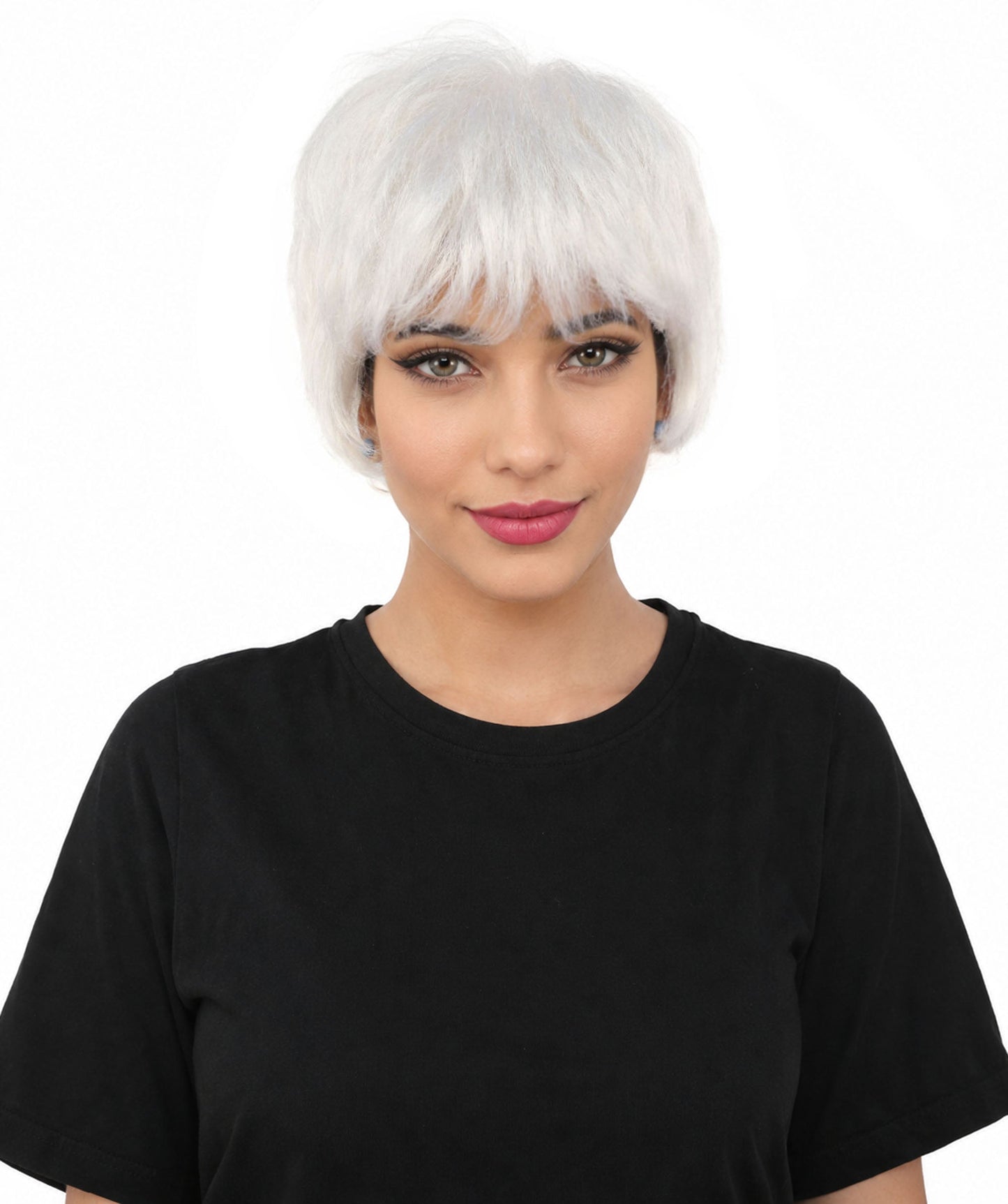 HPO Adult Women's Short Silver White Pixie Wig  | Edgy Layered Cut with Bangs | Synthetic Hair Wig for Stage Fashion, Cosplay, Halloween & Bold Party Looks