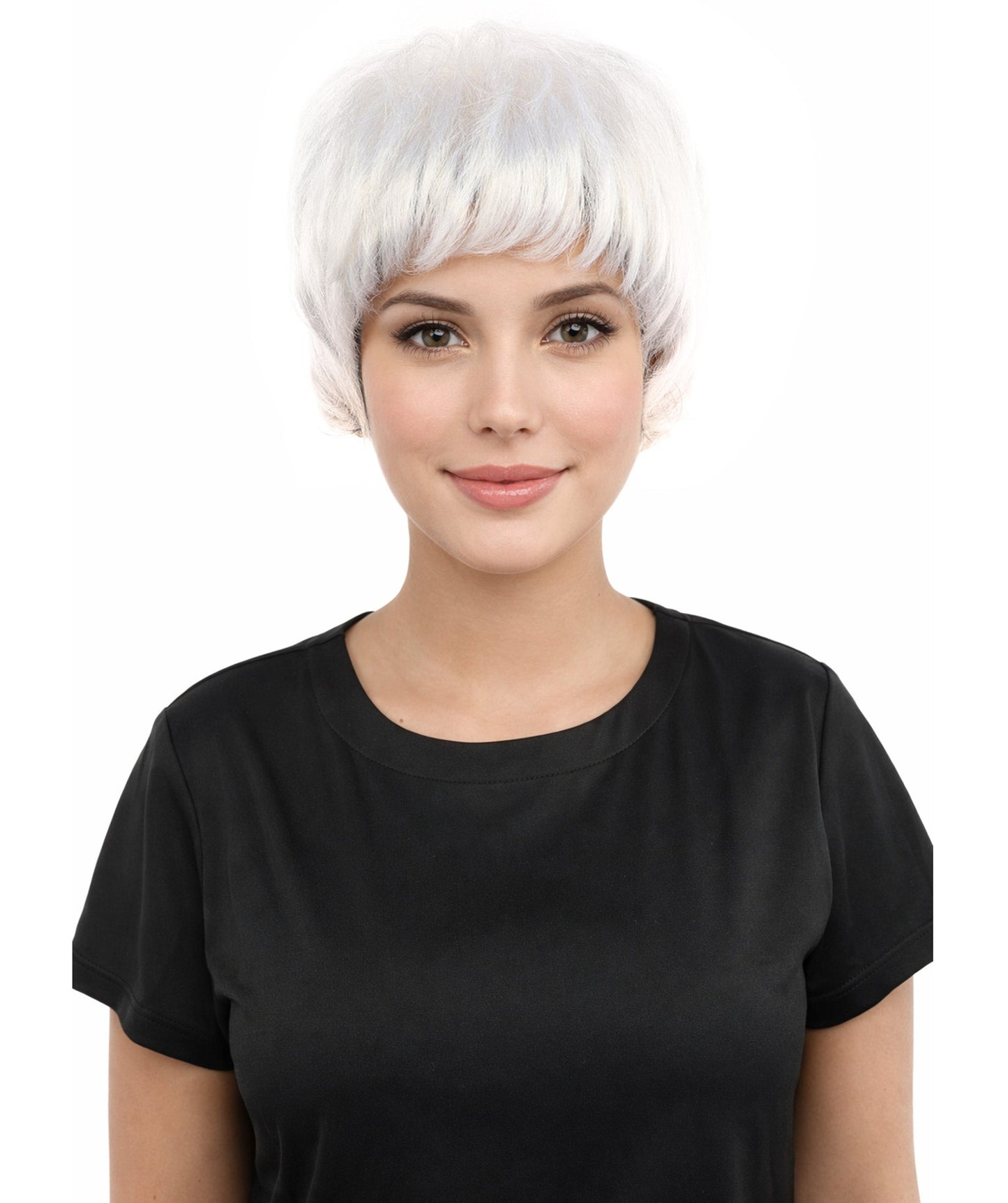 HPO Adult Women's Short Silver White Pixie Wig  | Edgy Layered Cut with Bangs | Synthetic Hair Wig for Stage Fashion, Cosplay, Halloween & Bold Party Looks