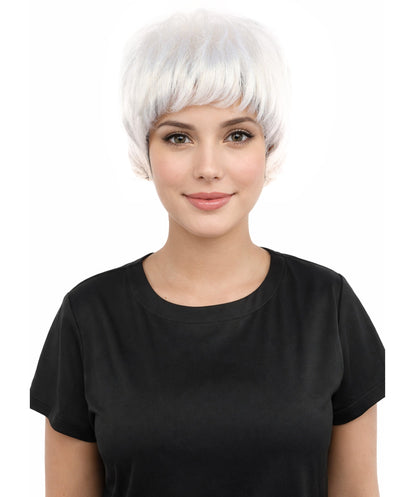 HPO Adult Women's Short Silver White Pixie Wig  | Edgy Layered Cut with Bangs | Synthetic Hair Wig for Stage Fashion, Cosplay, Halloween & Bold Party Looks