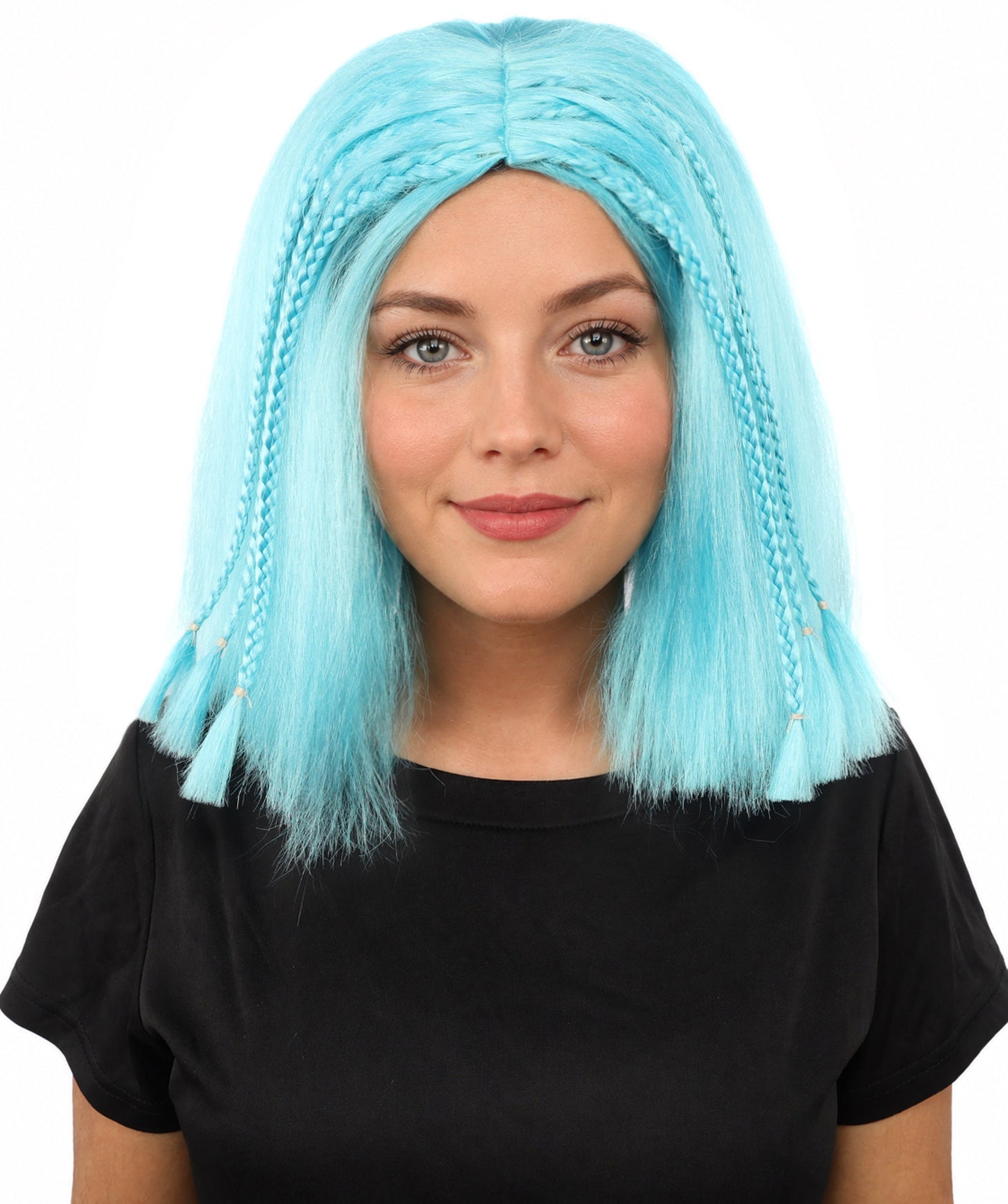 HPO Celebrity-Style 11 Inch Green Rooted Blonde Front Braided Straight Wig | Shoulder-Length Fun, Bold, and Stylish Hairpiece  | Ideal for Halloween, Cosplay, and Themed Parties