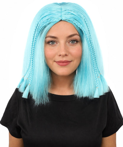 HPO Celebrity-Style 11 Inch Green Rooted Blonde Front Braided Straight Wig | Shoulder-Length Fun, Bold, and Stylish Hairpiece  | Ideal for Halloween, Cosplay, and Themed Parties